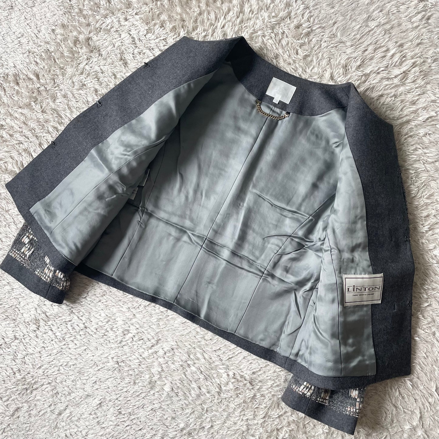 自由区 美品 LINTON ノーカラー ウール ジャケット 38 グレー
