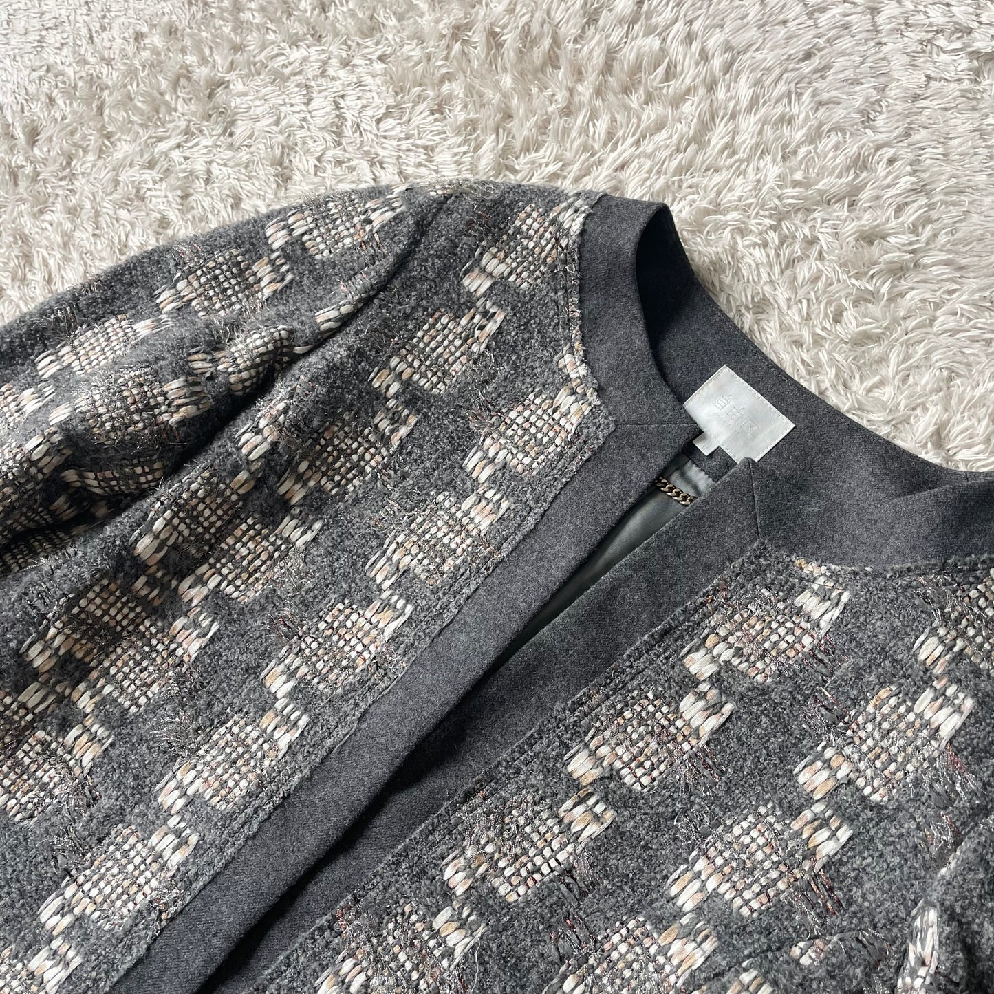 自由区 美品 LINTON ノーカラー ウール ジャケット 38 グレー