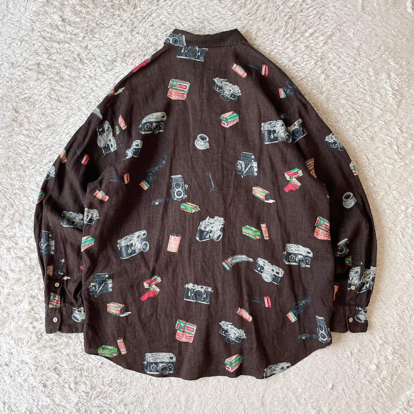 パパス 極美品 PAPAS リネンロングスリーブシャツ L 茶 カメラ