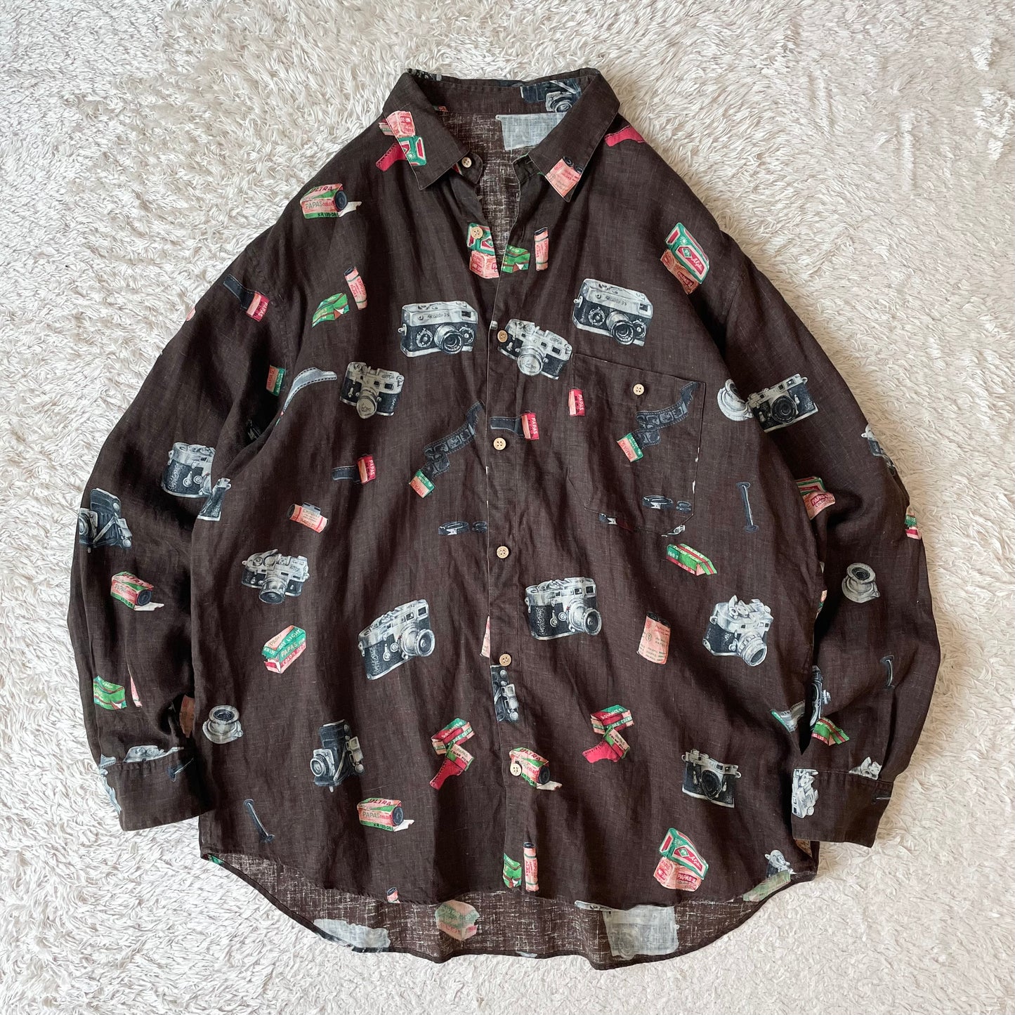 パパス 極美品 PAPAS リネンロングスリーブシャツ L 茶 カメラ