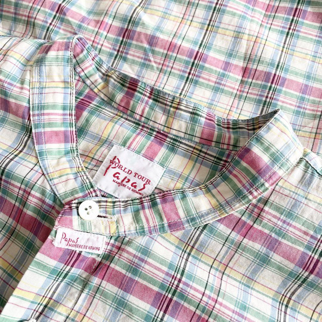 パパス 極美品 PAPAS バンドカラーシャツ チェック L