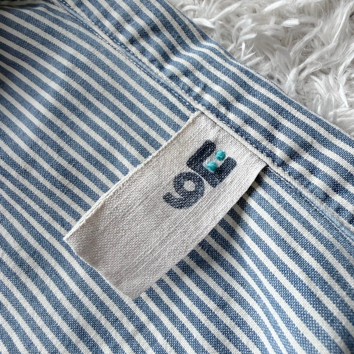 Umii908 45rpm スキッパーシャツ ブルー ボーダー クジラ刺繍