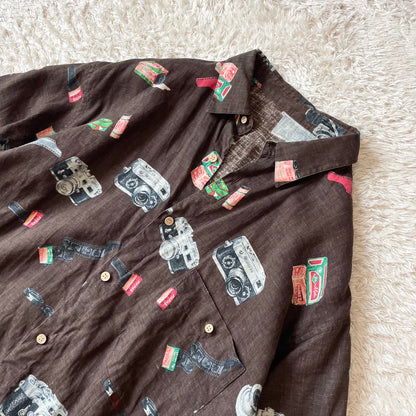 パパス 極美品 PAPAS リネンロングスリーブシャツ L 茶 カメラ