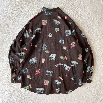 パパス 極美品 PAPAS リネンロングスリーブシャツ L 茶 カメラ