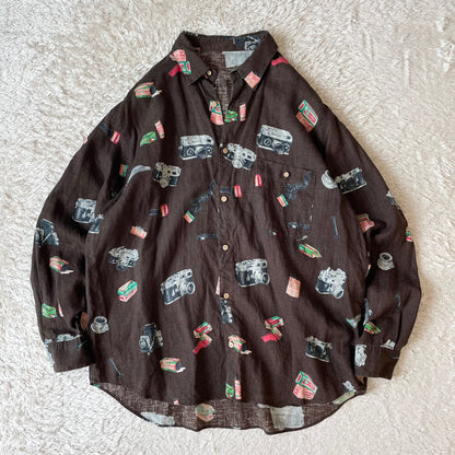 パパス 極美品 PAPAS リネンロングスリーブシャツ L 茶 カメラ