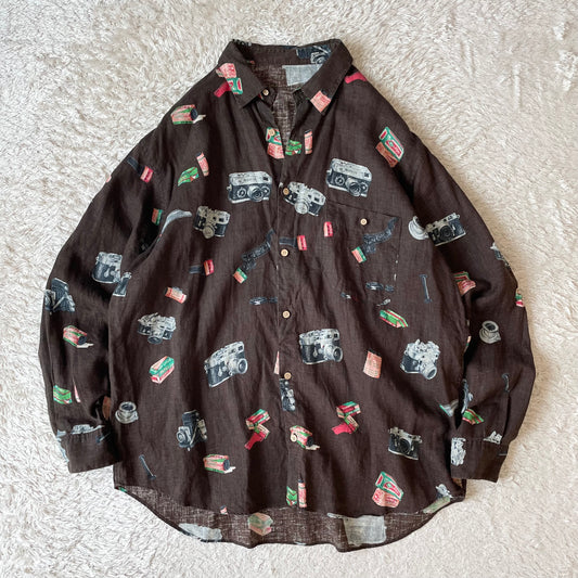 パパス 極美品 PAPAS リネンロングスリーブシャツ L 茶 カメラ