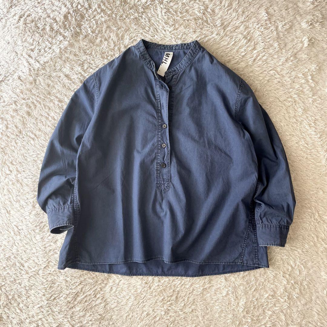 エムエイチエル 美品 MHL バンドカラーワイドプルシャツ 1 ネイビー