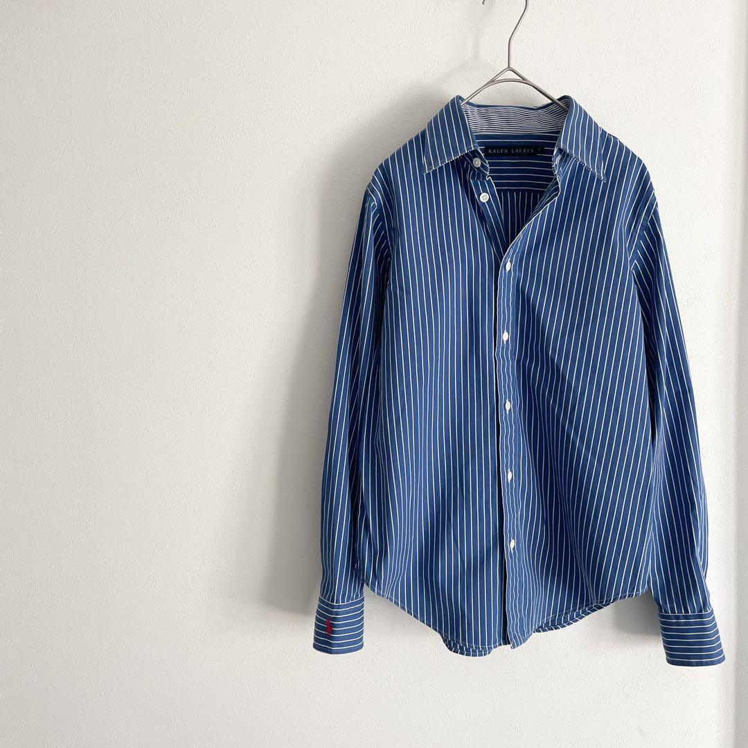 ラルフローレン 極美品 90s L/S shirt 7 青ストライプ 袖ポニー