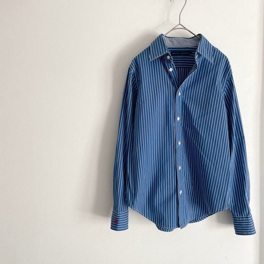 ラルフローレン 極美品 90s L/S shirt 7 青ストライプ 袖ポニー