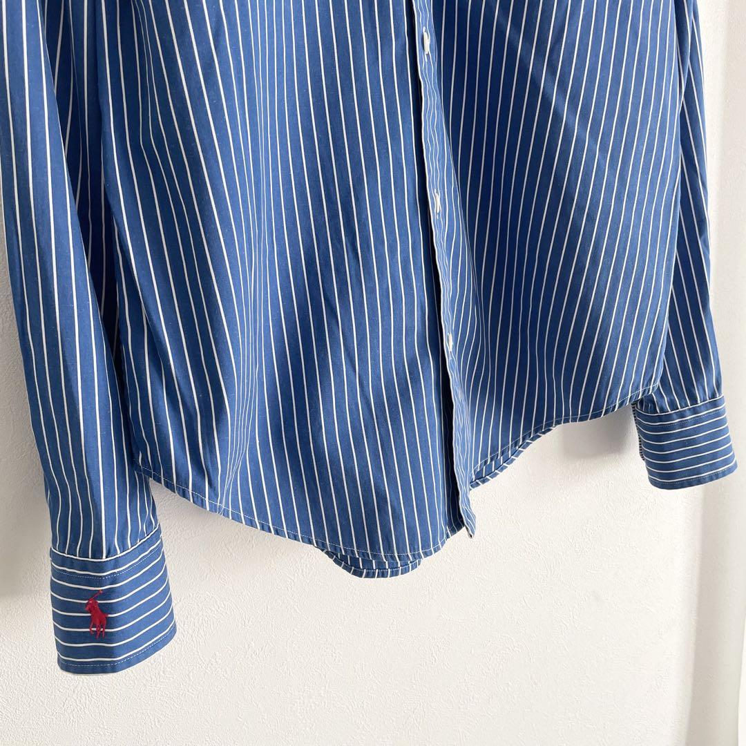 ラルフローレン 極美品 90s L/S shirt 7 青ストライプ 袖ポニー