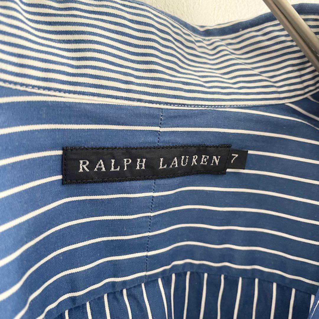 ラルフローレン 極美品 90s L/S shirt 7 青ストライプ 袖ポニー