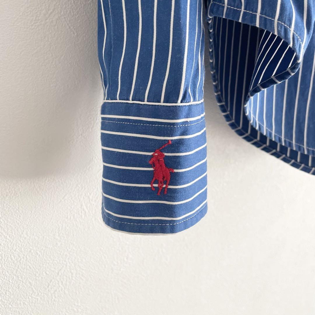 ラルフローレン 極美品 90s L/S shirt 7 青ストライプ 袖ポニー