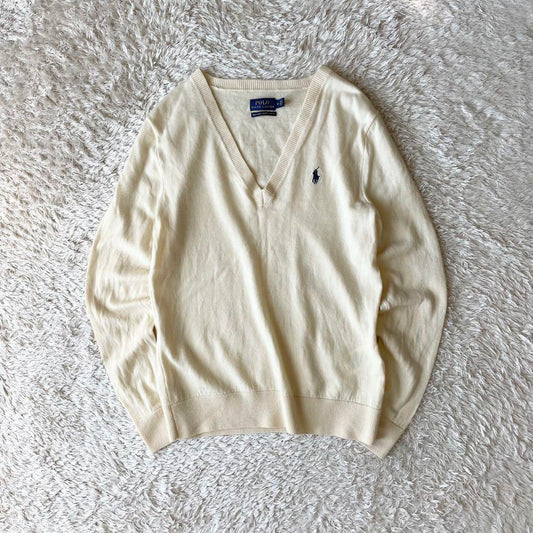 ラルフローレン 美品 Vネック メリノウールニット M アイボリー