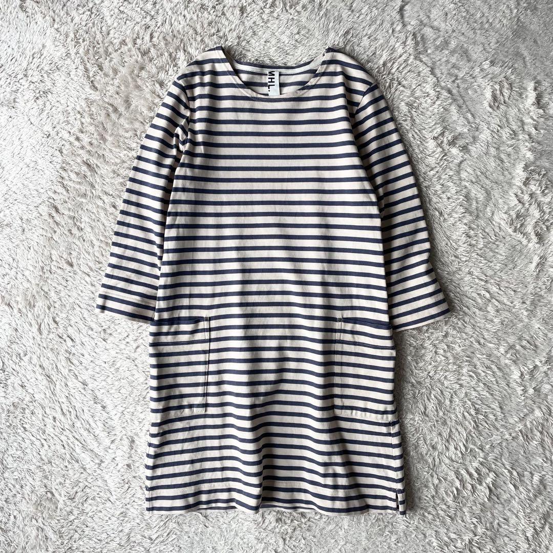 MHL 美品 カットソーボーダーワンピース 2 アイボリー ブルー