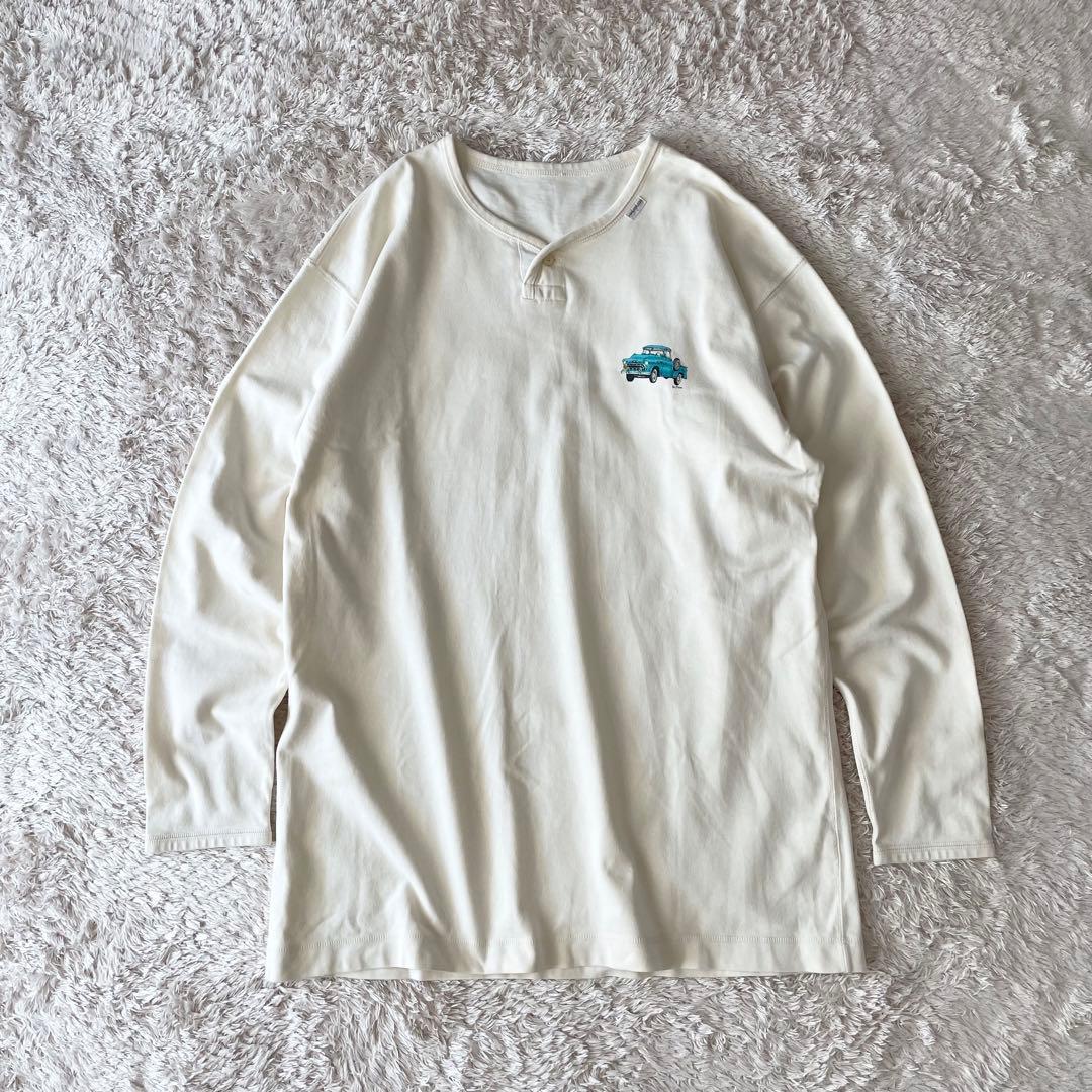 パパス 美品 長袖 カットソー ヘンリーネック L アイボリー アメ車ロゴ