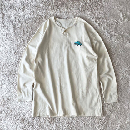 パパス 美品 長袖 カットソー ヘンリーネック L アイボリー アメ車ロゴ