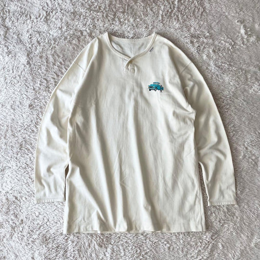 パパス 美品 長袖 カットソー ヘンリーネック L アイボリー アメ車ロゴ