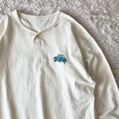 パパス 美品 長袖 カットソー ヘンリーネック L アイボリー アメ車ロゴ
