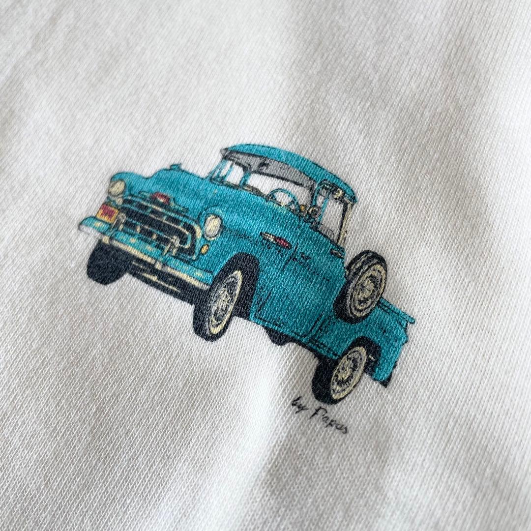 パパス 美品 長袖 カットソー ヘンリーネック L アイボリー アメ車ロゴ