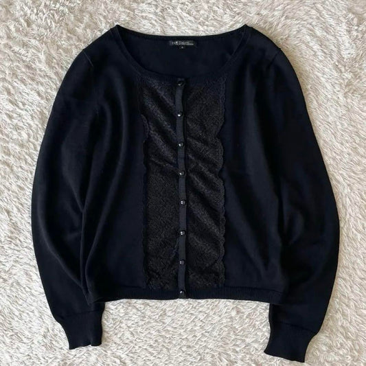 23区 極美品 フロントレースコットンニットカーディガン 38 黒
