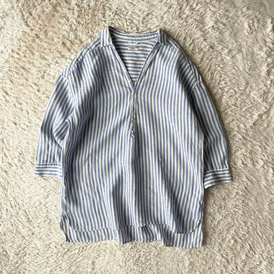LE GLAZIK 美品 リネンプルシャツ 36 ストライプ