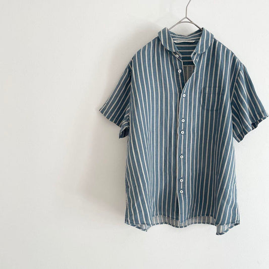 グランマママドーター 美品 S/S ラウンドカラーリネンシャツ 2 ストライプ