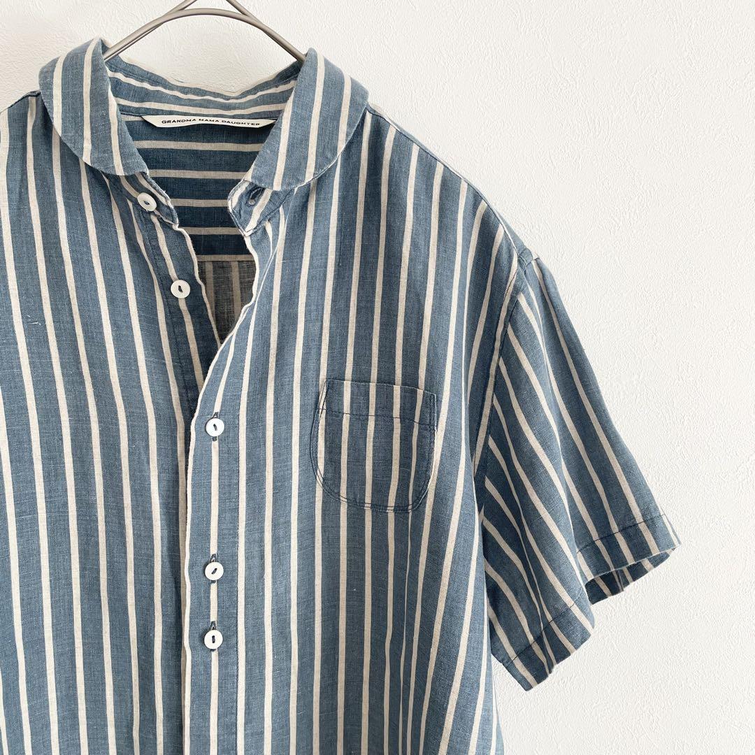 グランマママドーター 美品 S/S ラウンドカラーリネンシャツ 2 ストライプ