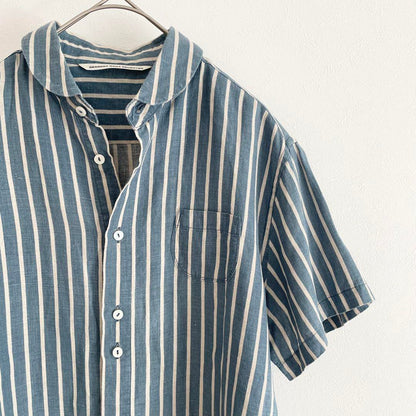 グランマママドーター 美品 S/S ラウンドカラーリネンシャツ 2 ストライプ
