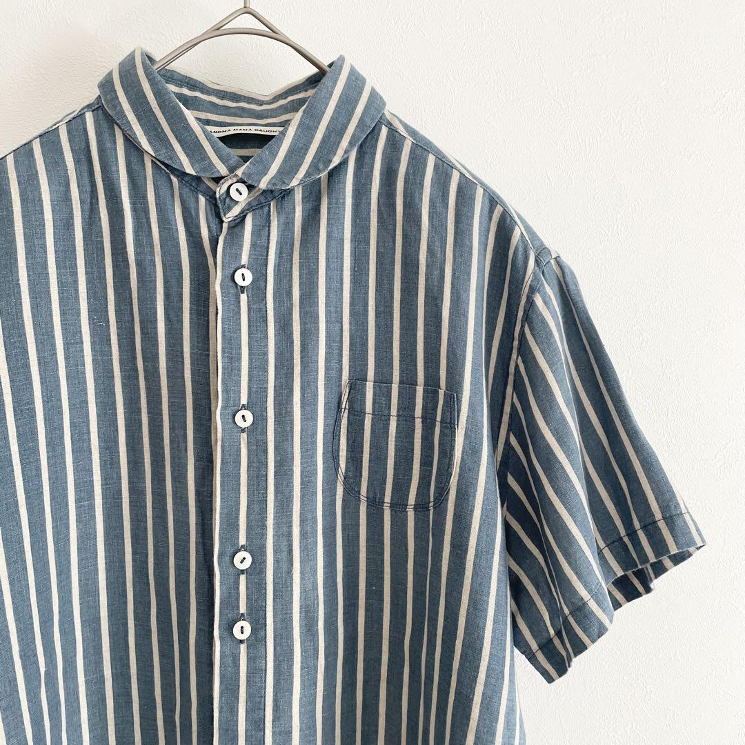 グランマママドーター 美品 S/S ラウンドカラーリネンシャツ 2 ストライプ
