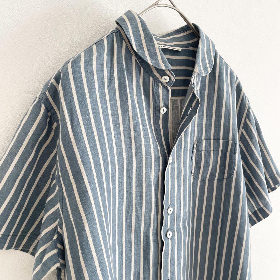 グランマママドーター 美品 S/S ラウンドカラーリネンシャツ 2 ストライプ