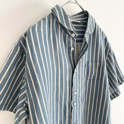 グランマママドーター 美品 S/S ラウンドカラーリネンシャツ 2 ストライプ