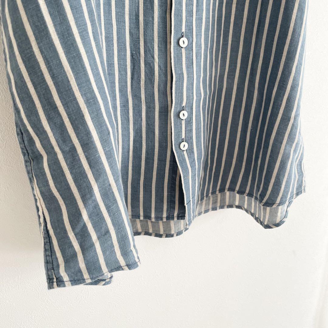 グランマママドーター 美品 S/S ラウンドカラーリネンシャツ 2 ストライプ