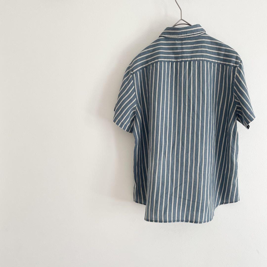 グランマママドーター 美品 S/S ラウンドカラーリネンシャツ 2 ストライプ