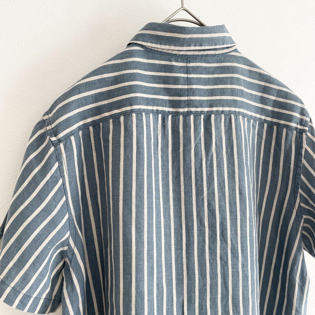 グランマママドーター 美品 S/S ラウンドカラーリネンシャツ 2 ストライプ