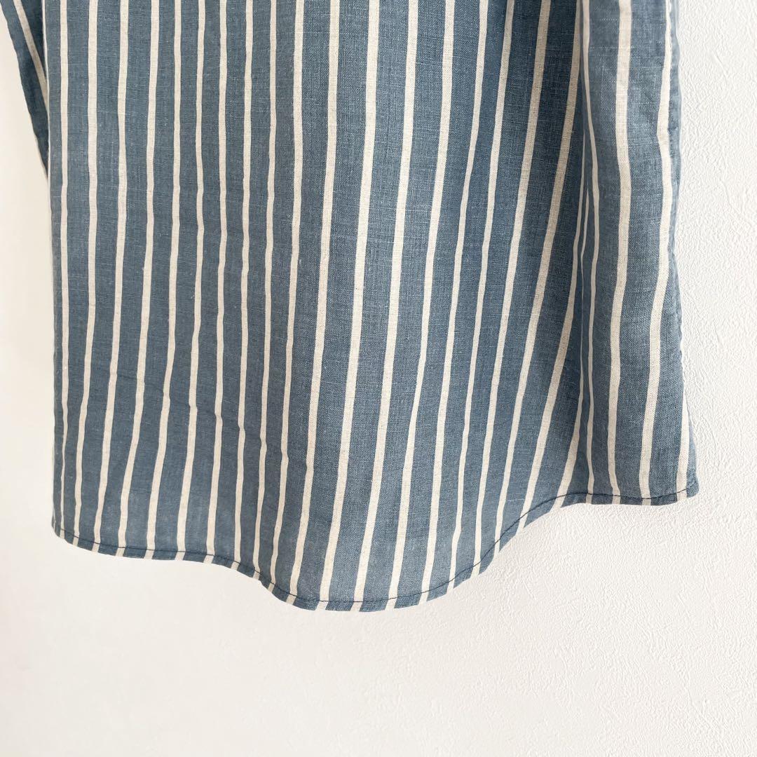 グランマママドーター 美品 S/S ラウンドカラーリネンシャツ 2 ストライプ