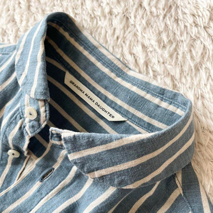 グランマママドーター 美品 S/S ラウンドカラーリネンシャツ 2 ストライプ