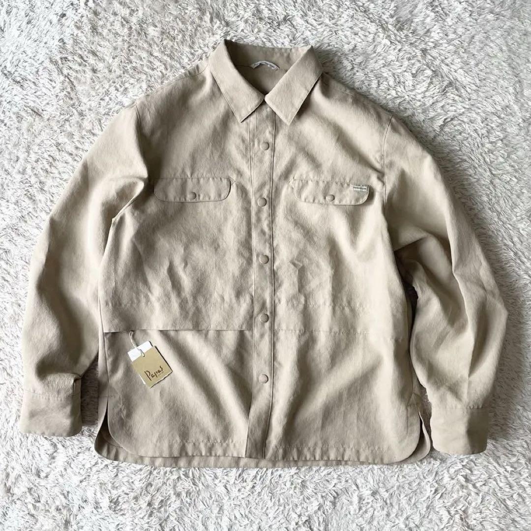 パパス 新品タグ付 PAPAS ライトマットクロスシャツ型ブルゾン M ベージュ