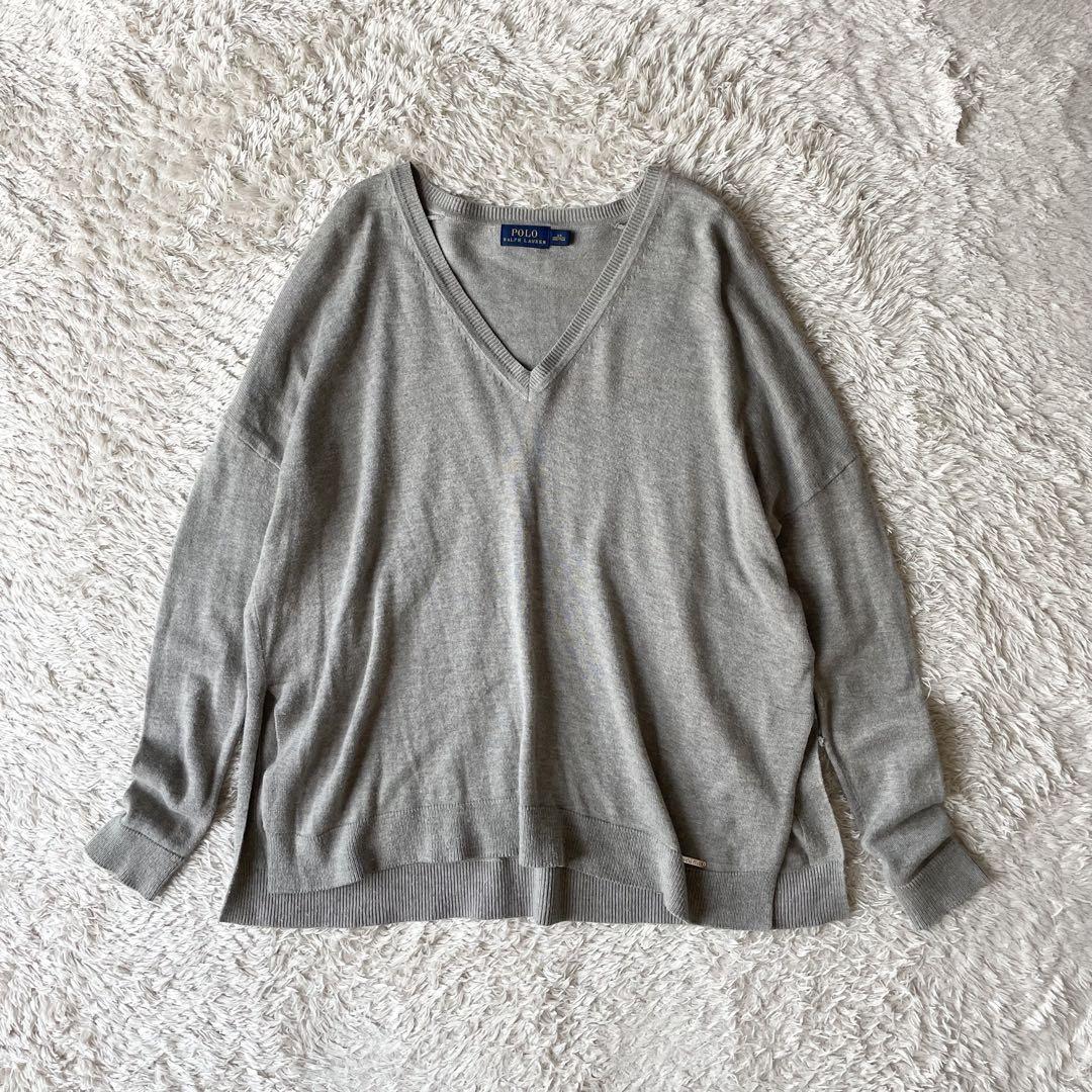 美品 ラルフローレン Vネック ハイゲージニットソー XS グレー